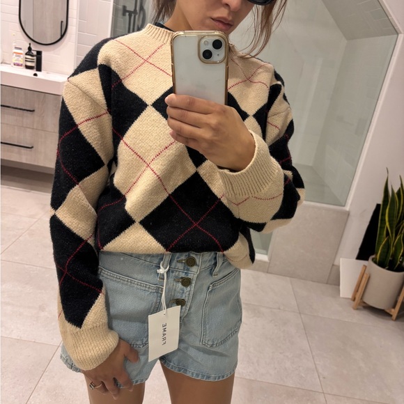 Frame Denim Pants - Frame Denim Black and Cream Argyle Sweater